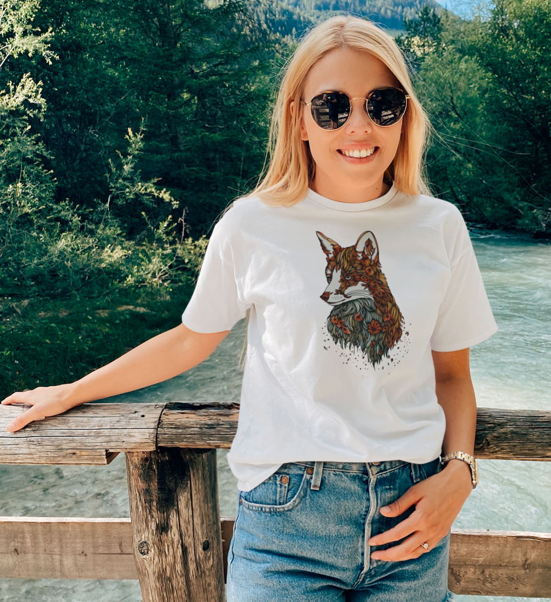 Fuchs Blumenmuster 100% Bio Unisex T-Shirt